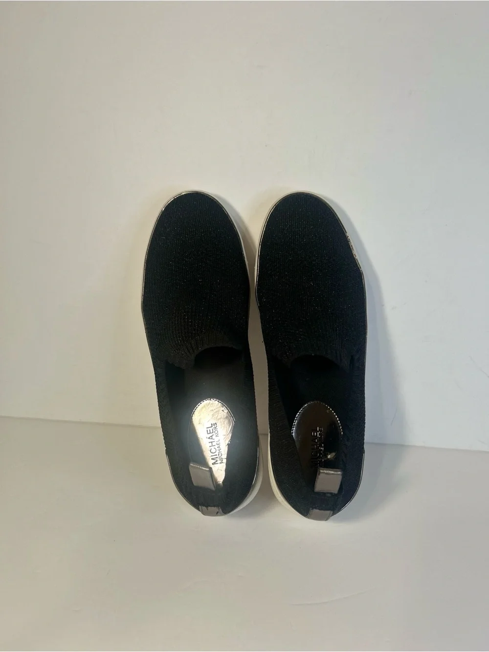Michael Kors Black Knit Slip-On Sneakers with White Soles